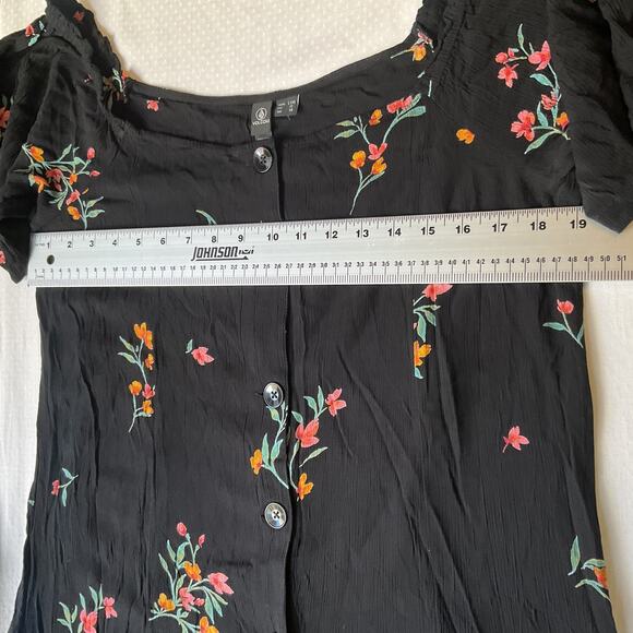 Volcom Women Dress L (10) Black Floral A-Line Button Short Sleeve Knee Length - Picture 4 of 9